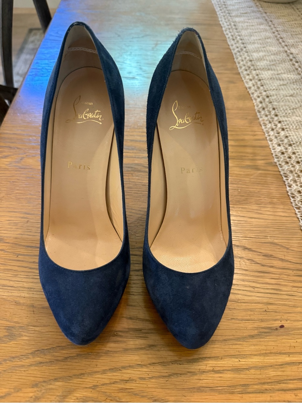 Christian Louboutin Navy Suede Pointed-Toe Pumps